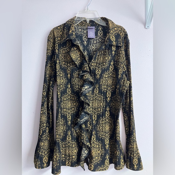 Women’s Ruffled Blouse w Accordian Pleats,Large, Black/Goldish, Laura Scott - Picture 3 of 7